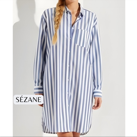 NWOT Sézane Women’s Maxine Oversized Blue & White Stripe Shirt Dress Size Small - Picture 1 of 10